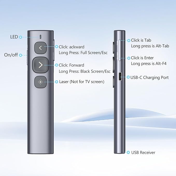 Norwii N95 Presentation Clicker, PowerPoint Clicker for Presentation Remote, Rechargeable Wireless Presenter Pointer, Slide Advancer for PC/Laptop/e-Book (BLE&USB-A&C, Red Light)