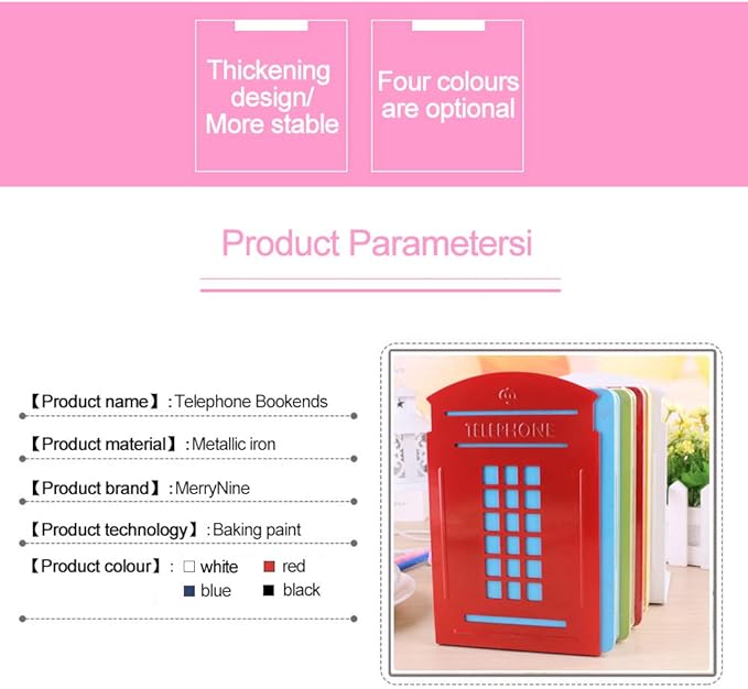 MerryNine 2pcs Book Ends, Metal Bookends for Shelves, Telephone Booth Decorative Bookends, Non Skid Heavy Bookends, Book, Magazine or CD Organizers for Home and Office (Red-2pcs)