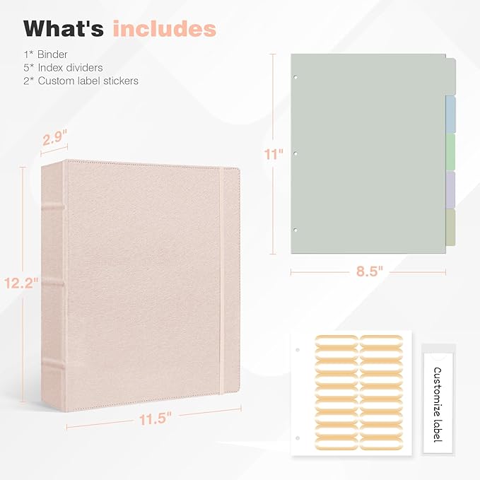 Ospelelf Vintage Hardcover 3 Ring 2 inch Leather Binder, Professional Binders Organizer Suitable for Letter Size Documents, Binder Dividers with Tabs, Rose Gold