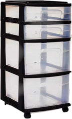 HOMZ Drawer Tower, 4-Tier Clear Plastic Storage Organizer Cart, Black Frame - Multi-Purpose Rolling Drawers with Wheels for Bedroom, Bathroom, and Office Organization