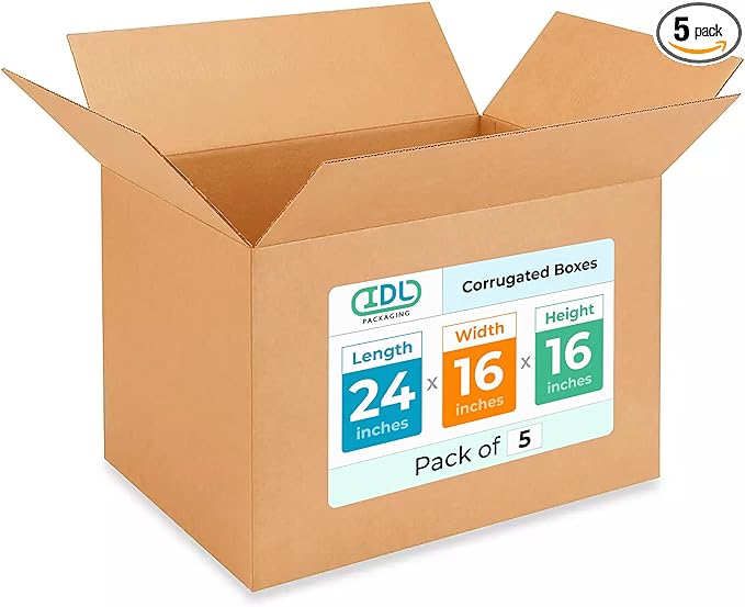 Extra Large Shipping & Moving Boxes 24 x 16 x 16 inches (5-Pack) - Extra Strength 200 lb vs Regular - Corrugated Strong Packing Boxes for Moving - Large Cardboard Box by IDL Packaging