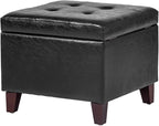 Adeco Storage Ottoman Foot Rest Stool, Leather Ottoman Footstool with Solid Wood Legs and Hinged Lid, 17.7" Small Foot Stool for Living Room, Bedroom