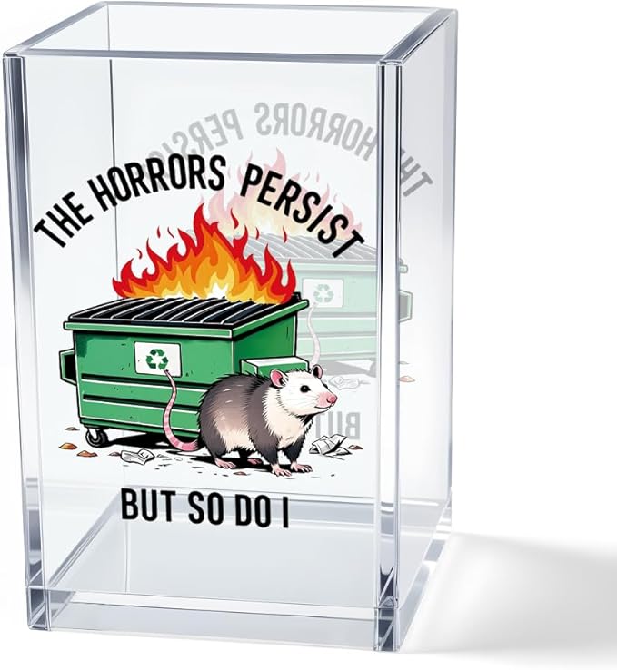 Vgrti The Horrors Persist But So Do I Acrylic Cosmetic Pencil Pen Holder Cup, Funny Dumpster Fire Pen Holder Cup, Opossum Possum Gifts for Women Men, Office Sarcastic Gifts for Women Men Coworker Boss