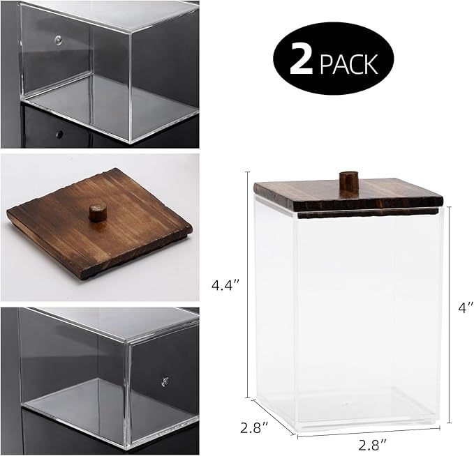Tbestmax Bathroom Organizer Accessories Set-12/7 oz Qtips Holder Storage, Clear Cotton Ball/Swabs Dispenser, Plastic Square Apothecary Jars with Brown Wood Lids
