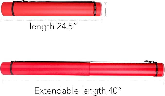 TRANSON Durable Poster Storage Tube with Straps 24"-40" Extendable for Blueprints, Artwork, Maps, Posters Color Red