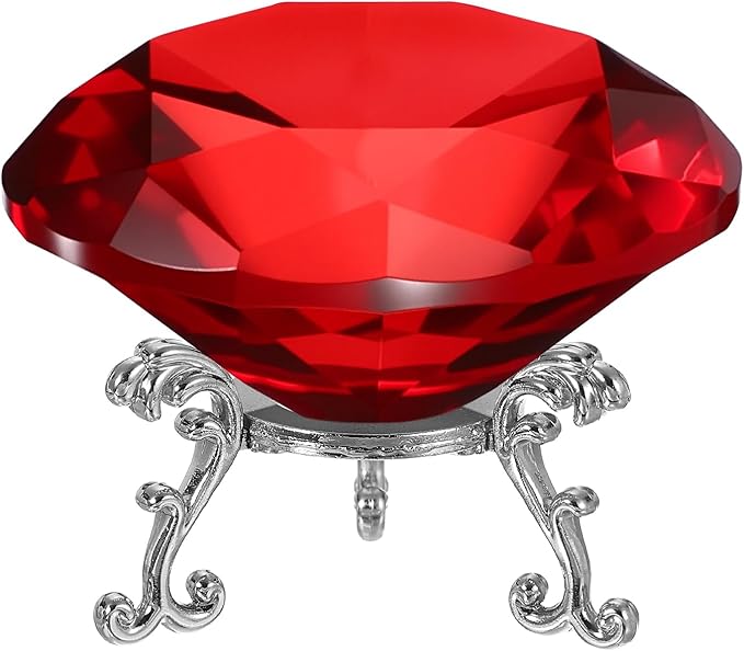 PATIKIL Diamond Crystal Paperweight, 100mm / 3.94" Crystal Paperweight Paper Weight with Silver 25 Metal Base for Home Office Desktop Table Decor Wedding Party Ornaments, Red