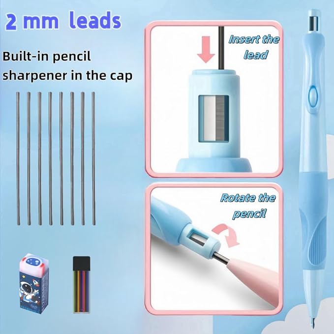 Inclock Handwriting thick mechanical pencils with grip: 2.0MM HB Pencil for kids with 14 leads (6 pack)