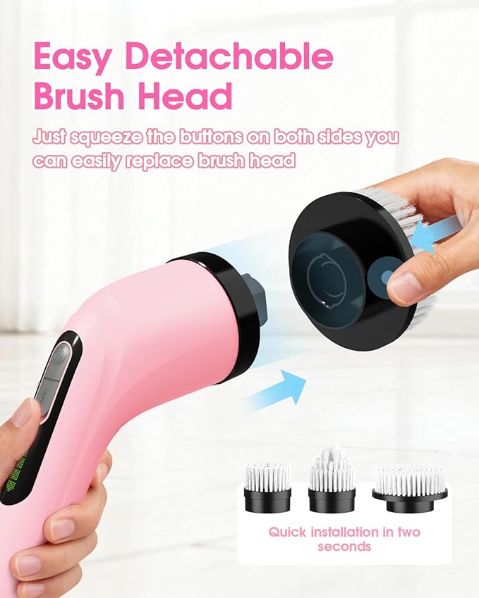 Highyes Electric Spin Scrubber for Cleaning Bathroom: Cordless Power Shower Scrubber - Electric Cleaning Brush for Tile Tub - Pink
