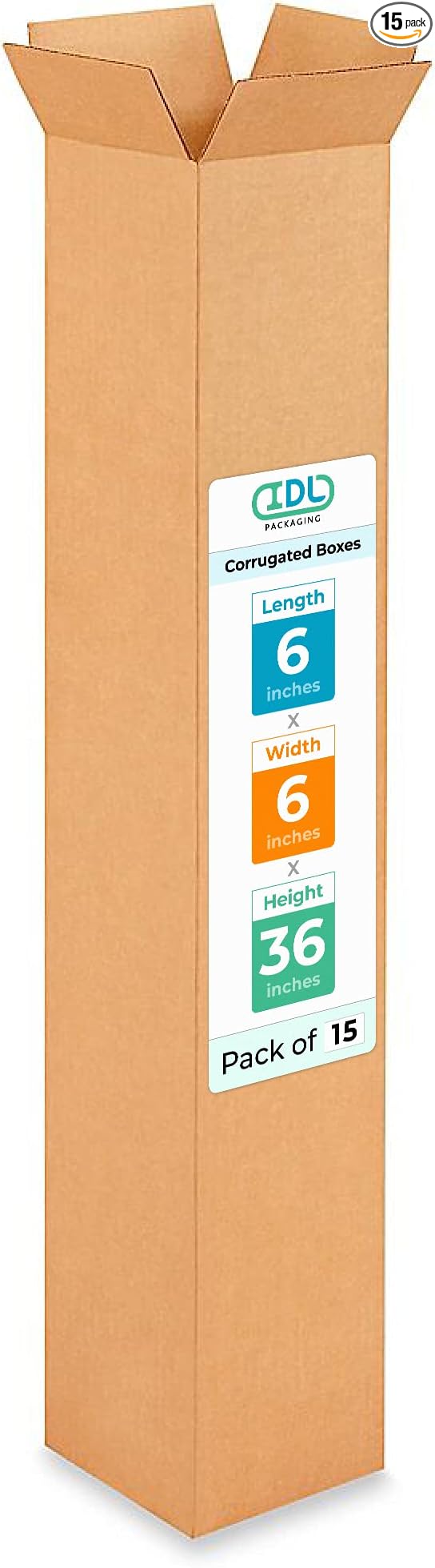 Tall Moving & Shipping Boxes 6"L x 6"W x 36"H (15-Pack) - Extra Strength 200 lb vs Regular - Corrugated Cardboard Box, Made in USA - Box for Packaging - Durable Shipping Box by IDL Packaging