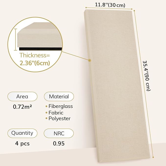 TONOR 4 PCS Large Acoustic Panel, 35.4″ * 11.8″ * 2.36″ 3D Fiberglass Sound Proof Panel with Full Self-adhesive, Decorative Echo Absorbing Wall Panel, for Studio, Living Room, Home, Office,Beige