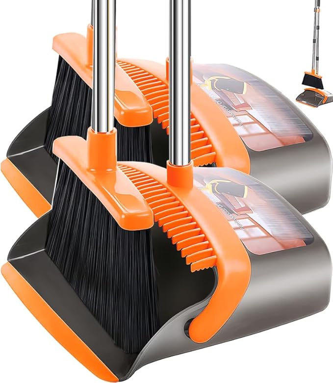 DJDTDTY 2-Pack is More economical，Upgraded Upright Broom and Dustpan Combo with 52" Long Handle, Dustpan Teeth with self-Cleaning Function, Indoor and Outdoor Sweeping, Perfect for Home Office.