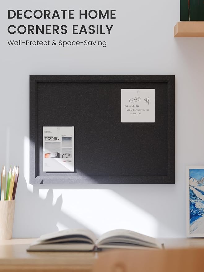 Fluxynara Felt Cork Board Alternative, Felt Bulletin Board 16" x 12" Black Frame with 8 Adhesive Tabs, Pin Board for Home Office, Classroom, Entryway, Kitchen Wall Decor—Black