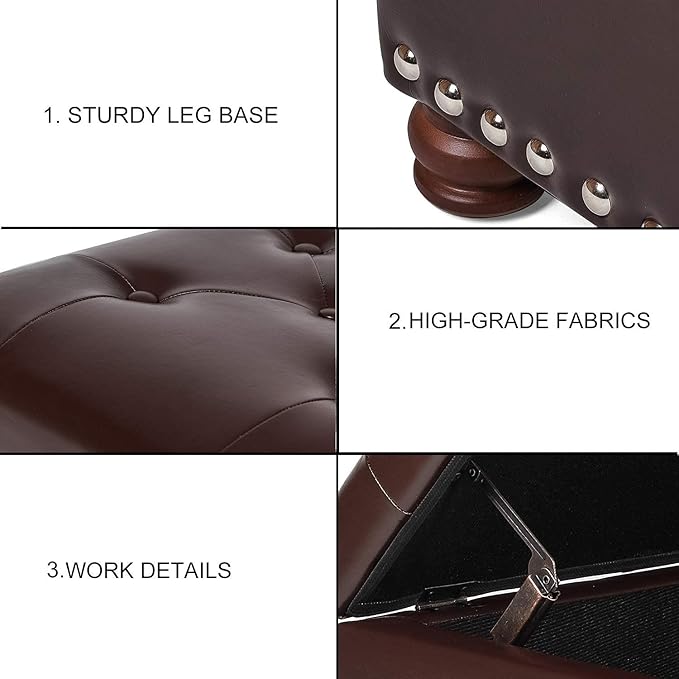 Decent Home Leather Storage Ottoman Bench Foot Rest Stool with Nailhead Trim (Dark Brown - Button Tufted Leather)