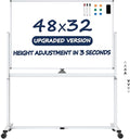 Large Dry-Erase Rolling Magnetic Whiteboard - TSJ OFFICE 48 x 32 Inches Dry Erase Board with Stand Height Adjust Double Sides Mobile White Board Easel on Wheels Office, Home & Classroom