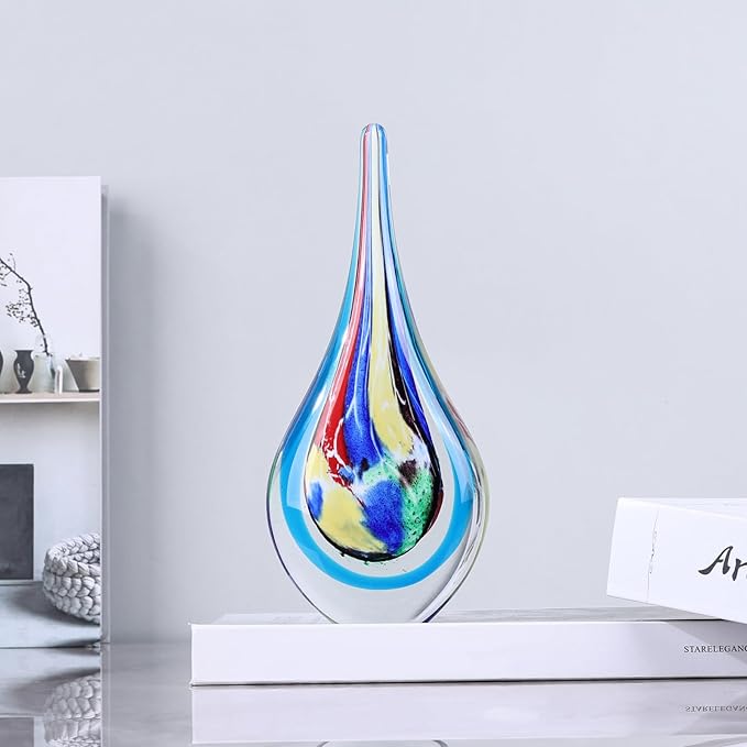 9" Tall Sculpture Hand Blown Glass Decor, Paperweight for Office Desk, Modern Glass Art Figurines Mediterranean Beach House Decor, Living Room Coffee Shelves Table Top Decoration (Multicolor)