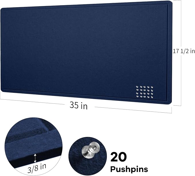 Lightomorrow Bulletin Board, 35 x 17 1/2 inches Felt Board - Decorative Pin Board, Cork Board Alternative for Wall, Foldable Self-Adhesive Vision Board Prayer Board with 20 Pushpins Dark Blue
