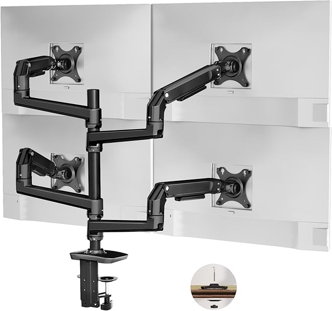 Ergounion Quad Monitor Mount, Holds Screens up to 40 Inches and 25 lbs, Fully Adjustable 4 Monitor Stand with C-Clamp and Grommet Base, Aluminum, Black
