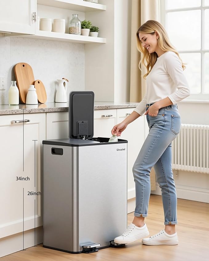 Lovewind Kitchen Trash Can, 2 x 8 Gallon (2 x 30 L) Stainless Steel Trash and Recycle Bin Combo with Soft-Close Lid, Dual Compartment Recycling Kitchen Step Trash Bin, Silver