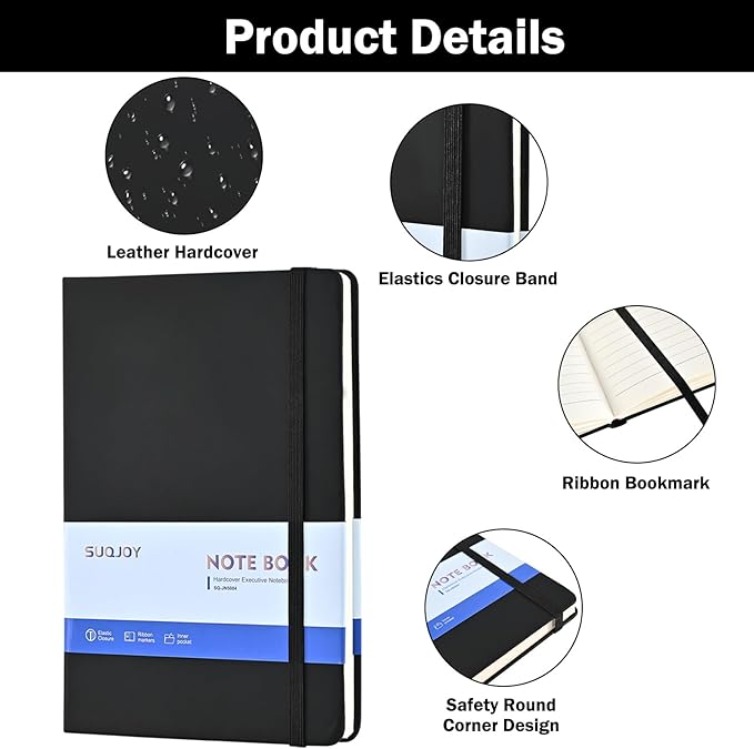 SUQJOY Lined Journal Notebooks, 4 Pack 160 Pages, 5.5x 8.2-Inch Journals for Women Men, Hardcover Notebook with 100 gsm Thick Paper, A5 Size College Ruled Notebook for Writing/Travel/Work (Black-4 Pack)