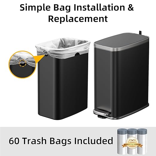 KdbK Stainless Steel Bathroom Trash Can with Lid Soft Close,1.6 Gallon Slim Garbage can,Small Metal Step Wastebasket for Office, Bedroom, Toilet, Black