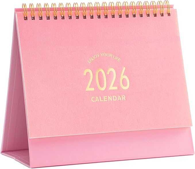 Small Desk Calendar 2026-2027, Standing Flip Desktop Calendar from January 2026 to June 2027 - Metal Ring Twin-Wire Binding Monthly Desktop Calendar for Home Office School (Pink)