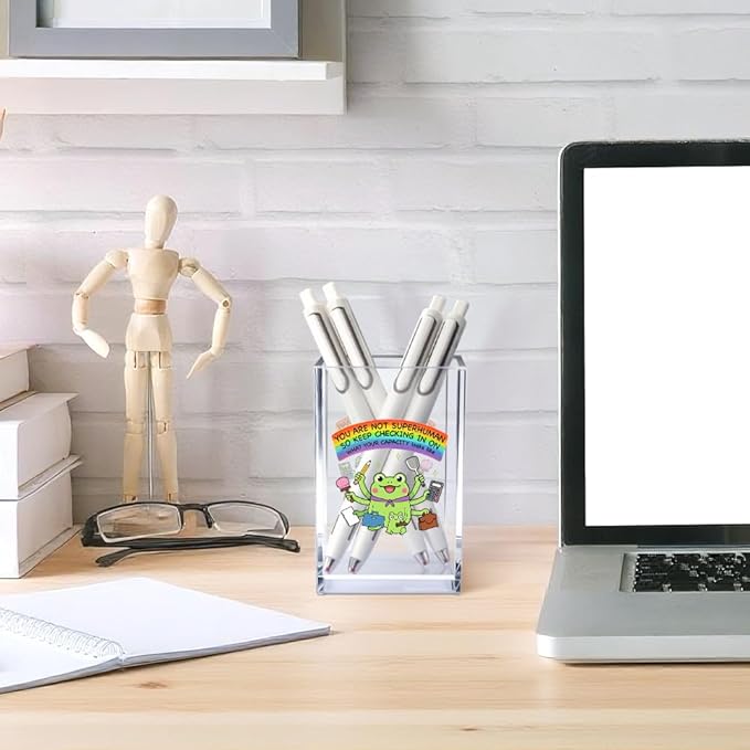 Vgrti You Are Not Superhuman Acrylic Cosmetic Pencil Pen Holder Cup, Boho Cute Frog Desk Organizer Accessory for Home Office Decor, Frog Lovers Gifts, Funny Sarcastic Work Gifts for Women Men Coworker