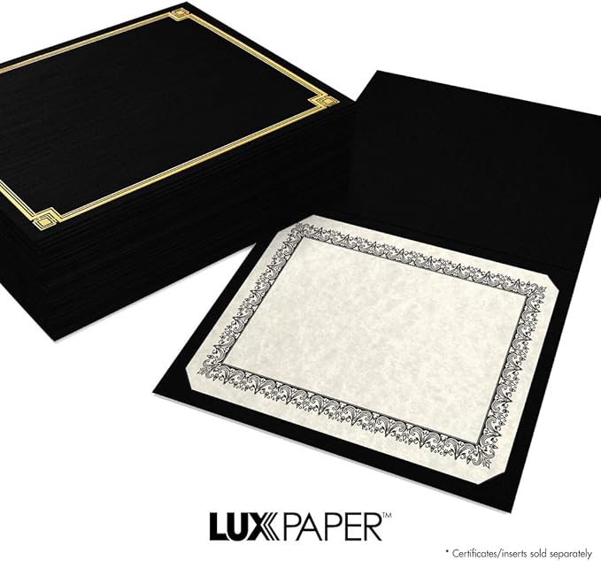 LUXPaper 9.5" x 12" Certificate Holders | Black Linen | Embossed Gold Foil Border | 100lb. Cover | 250 Qty