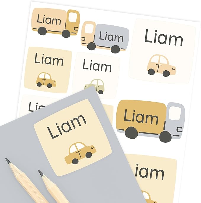 Large Name Labels for Kids (33) - Custom Stickers for Daycare and School Supplies - Durable, Waterproof Stickers for Water Bottles, Lunch Boxes, and More with Unique Designs - Toy Cars