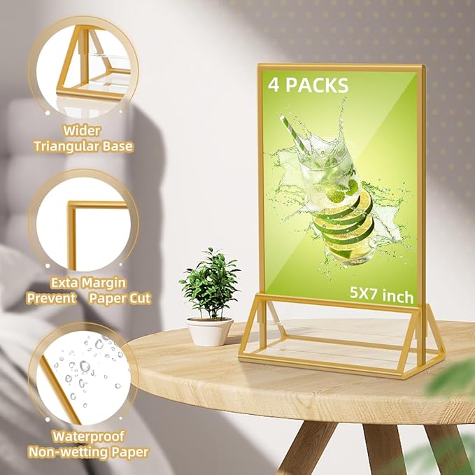 PPH-Sisy Acrylic Sign Holder 5X7 Gold Picture Frame,Double Sided Clear Display Stand , Table Acrylic Stand for Home Office Shop Restaurant (4pcs)