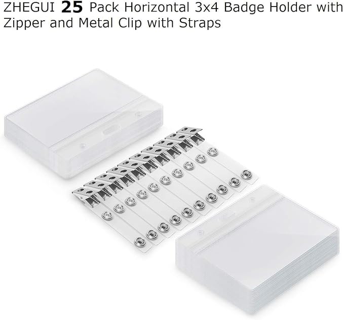 ZHEGUI Clear Plastic Horizontal Name Tag Holders and Metal Badge Clips with Vinyl Straps Waterproof PVC ID Card Badge Holder 3x4 Inch(25 Pack, Horizontal Large 3x4)