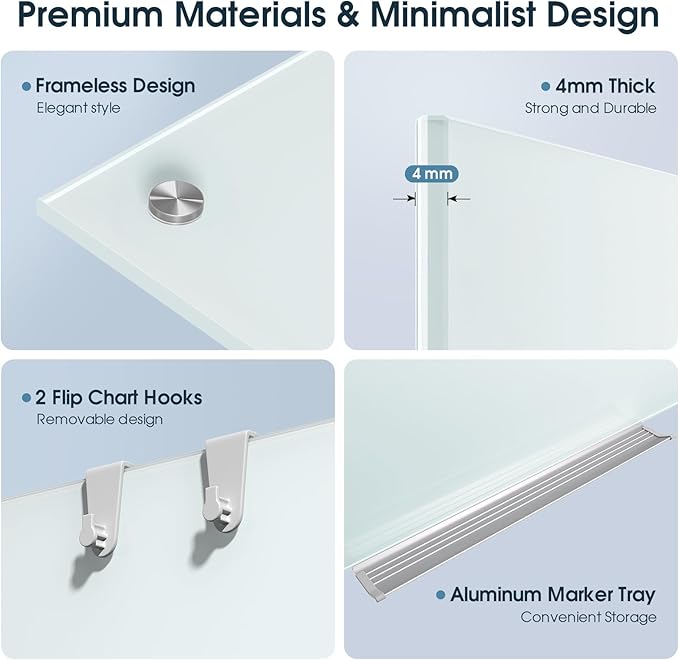 MaxGear Glass Whiteboard, Tempered Magnetic Dry Erase Board, Frameless Wall Mounted, Office Classroom Conference Room Home Use, Includes Markers, Eraser, Magnets & Mounting Kit