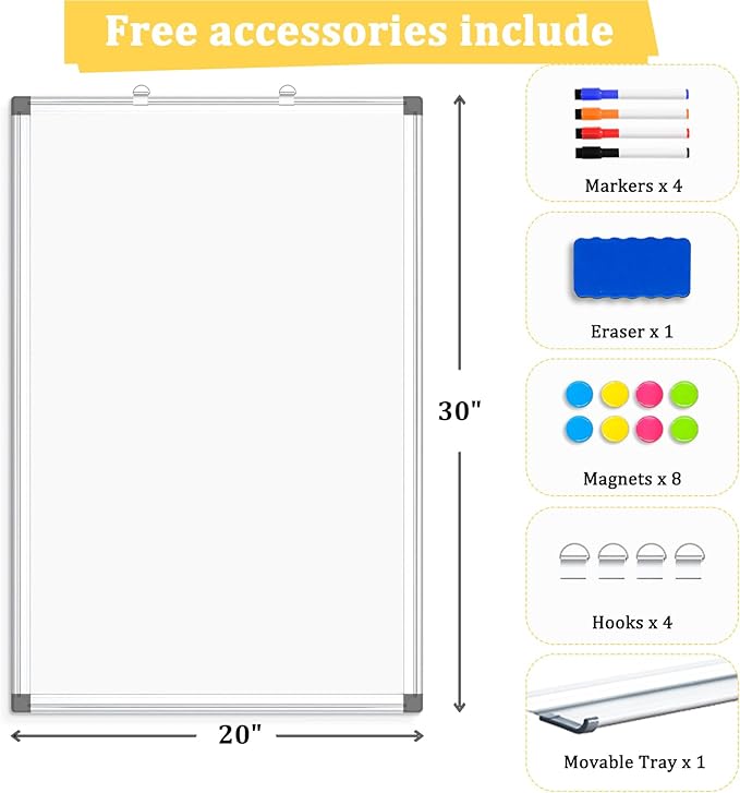 AMUSIGHT Double-Sided Magnetic Whiteboard, 30" x 20" Dry Erase Board, Aluminum Frame White Board for Wall, Hanging Mounting White Board Dry Erase Marker Board with 4 Markers, 1 Pen Tray