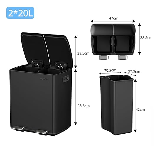 mVm Kitchen Trash Can,2x5.3Gallon(2x20L) Double Trash cans and Recycle Bin Combo with Lid and Anti-Fingerprint,Foot-Pedal,Soft-Close.Stainless Steel Garbage Can for Kitchen,Living Room(Matte Black)