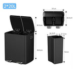 mVm Kitchen Trash Can,2x5.3Gallon(2x20L) Double Trash cans and Recycle Bin Combo with Lid and Anti-Fingerprint,Foot-Pedal,Soft-Close.Stainless Steel Garbage Can for Kitchen,Living Room(Matte Black)