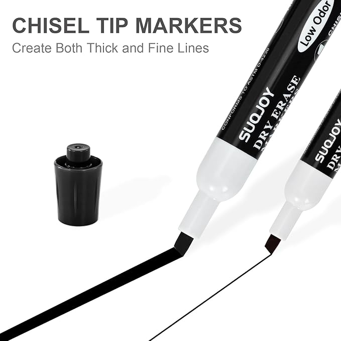 SUQJOY Dry Erase Markers, Chisel Tip Whiteboard Marker, Low Odor Thick Dry Markers, 12 Bulk Black Color Markers for office.