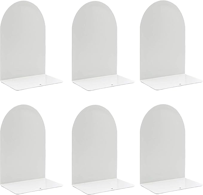 Lulonpon 6 Pieces Book Ends, Bookends, Books Stand, Metal Bookend for Shelves, White Book Ends for School, Library, Desktop Organizer