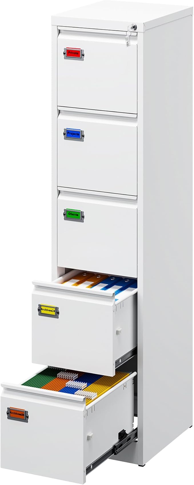 PEUKC 5-Drawer File Cabinet, 16.3" Deep Vertical Metal Filing Cabinet with Lock for Home Office, Anti-Tip 5 Storage Drawers for Letter/Legal/A4/F4 Size (Assemble Required, White)