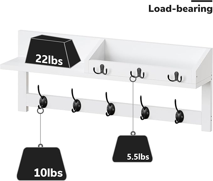AMBIRD Wall Hooks with Shelf, 26.57 Inch Entryway Wood Coat Hooks for Wall, Coat Rack Wall Mount with 5 Dual Hooks 3 Key Hooks Mail Organizer and Key Rack Holder (White)