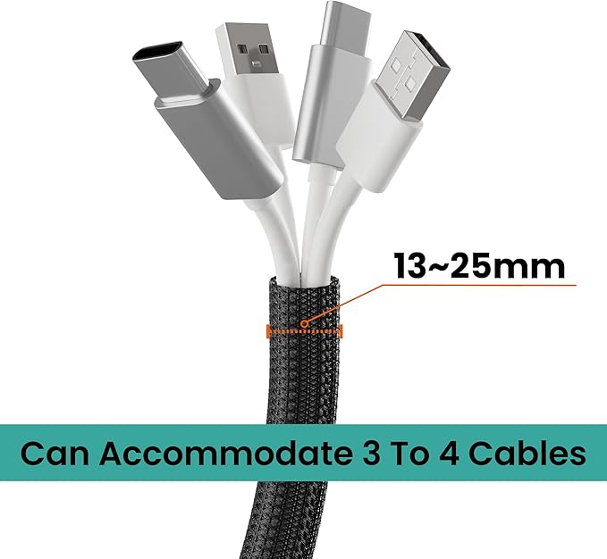 Cable Management Sleeve 25ft (300 inch) - 1/2 inch, PET Expandable Braided Cord Organizer, Split Wire Loom Tubing Reversible Cord Protector for TV USB PC Ethernet Cable Hider Protect Pets Kids