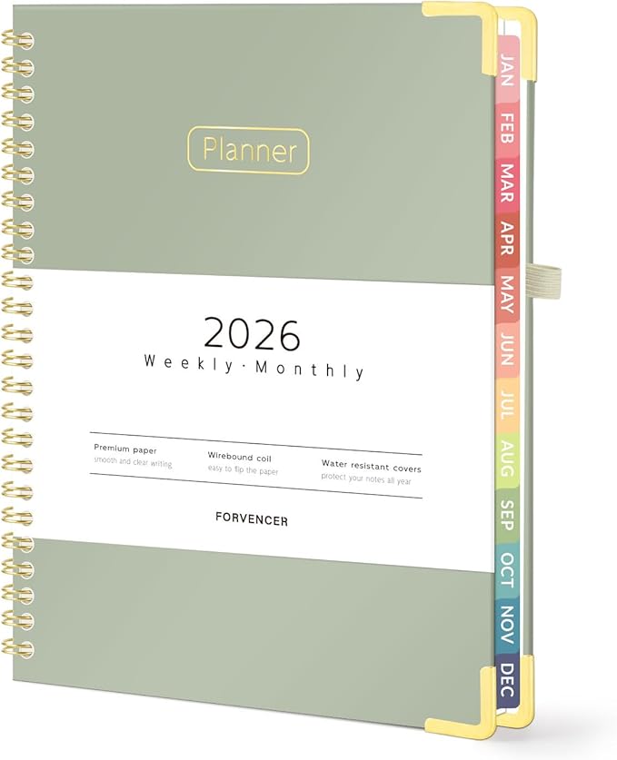 Forvencer 2026 Planner, Hardcover Calendar Planner Weekly and Monthly, Jan 2026 - Dec 2026, 6" x 8", Spiral Agenda Book with Tabs, Exquisite Daily Journal Organizer for Home School, Olive Green