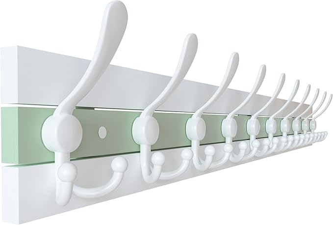 SKOLOO Coastal Wall Mounted Coat Rack - 38-1/8" Beach House Entryway Wooden Coat Hook with 10 Hooks for Hanging Coats, Hats or Towels, Oceanfront Cottage Core Collection, White & Green
