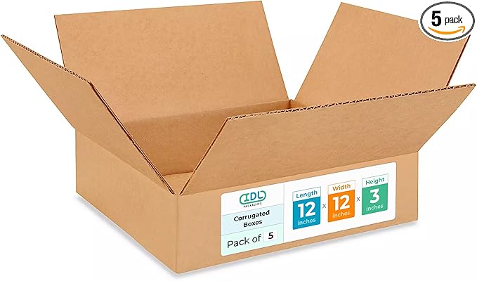 Medium Moving & Shipping Boxes 12 x 12 x 3 inches (5-Pack) - Extra Strength 200 lb vs Regular - Corrugated Durable Boxes for Packaging - Shipping Box Medium - Heavy Duty Box by IDL Packaging