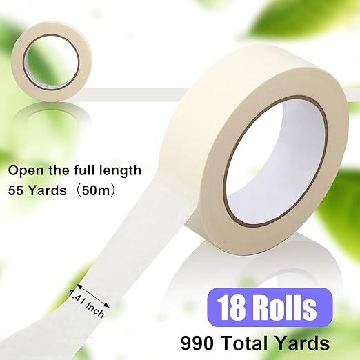 Fainne 18 Rolls Masking Tape Bulk 1.41 Inch Beige Wide Thin White Color Painters Tape for Painting Home Office School Stationery, 1.41 Inches x 55 Yards
