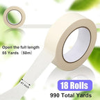 Fainne 18 Rolls Masking Tape Bulk 1.41 Inch Beige Wide Thin White Color Painters Tape for Painting Home Office School Stationery, 1.41 Inches x 55 Yards