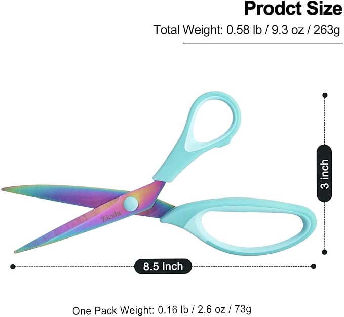Zicolu 8.5" Scissors All Purpose, Multipurpose Office Scissors Set of 3 Pack, Titanium Coating Sharp Blade, Soft Comfort-Grip, Ideal for Fabric, School, Home, Craft & Sewing, Right/Left Handed, Blue