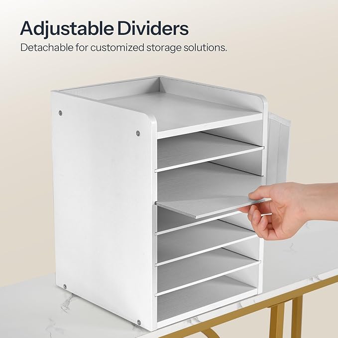 HOOBRO Adjustable Countertop Mail Sorter, 6 Tier Wooden Paper Organizer, Vertical Literature Organizer with Side Storage, Office Mailbox Cubbies, Classroom Mailbox, for Home, Office, White WT34WF01