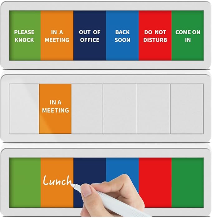 Office Door Signs with 6 Printed Status Options – Do Not Disturb, Out of Office, In a Meeting, Please Knock, Back Soon, Come on in – Includes Custom Personalized Blank Sticker for Privacy Workspace or Studio Available and Away
