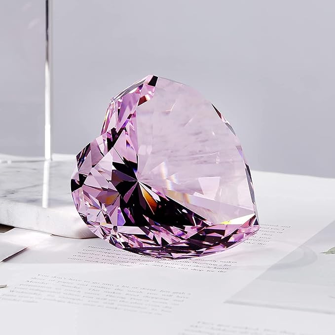 Pink Crystal Diamonds Paper Weights with Gift Box, 80mm Hot Pink Heart Shape Real Crystal Diamond Glass Gems Paperweight, Big Diamonds Birthday Anniversary for Women Her Valentine's Day Gifts
