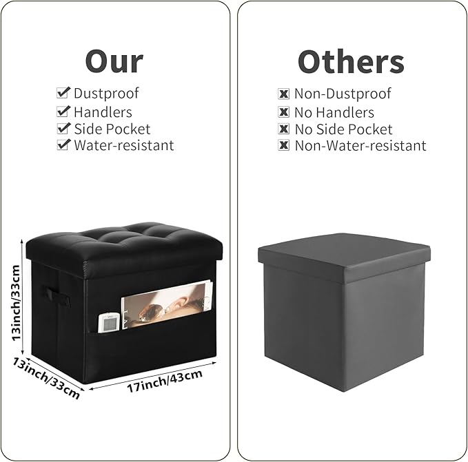 Storage Ottoman Foot Rest Stool with Thicker Foam Padded Seat. Foldable Leather Footstool Bench. Small Ottoman with Storage for Living Room Bedroom Coffee Table 350 lbs, 17x13x13in, Black.