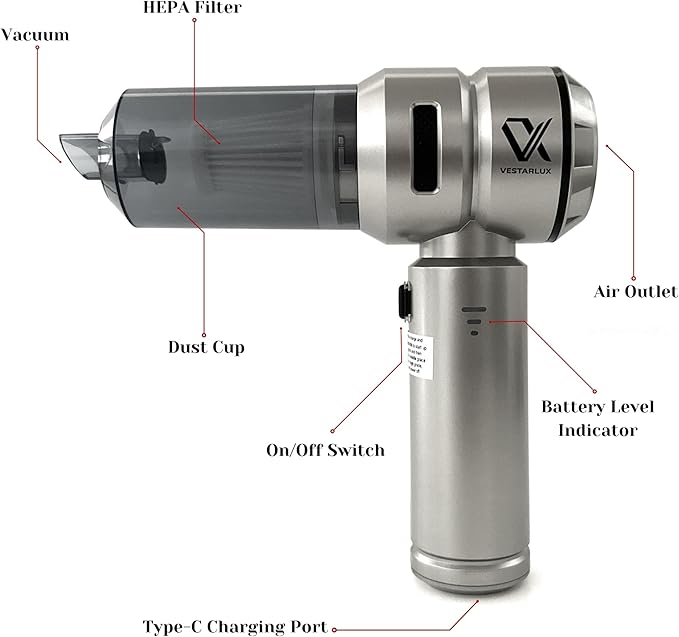 Handheld Car Vacuum Cleaner Cordless Powerful 25000PA Strong Suction Blowing AirDuster Brushless Motor 3Speeds Mini Portable Rechargeable Lightweight 4in1Vacuum Blower Car Home Office Vehicle Pet Hair